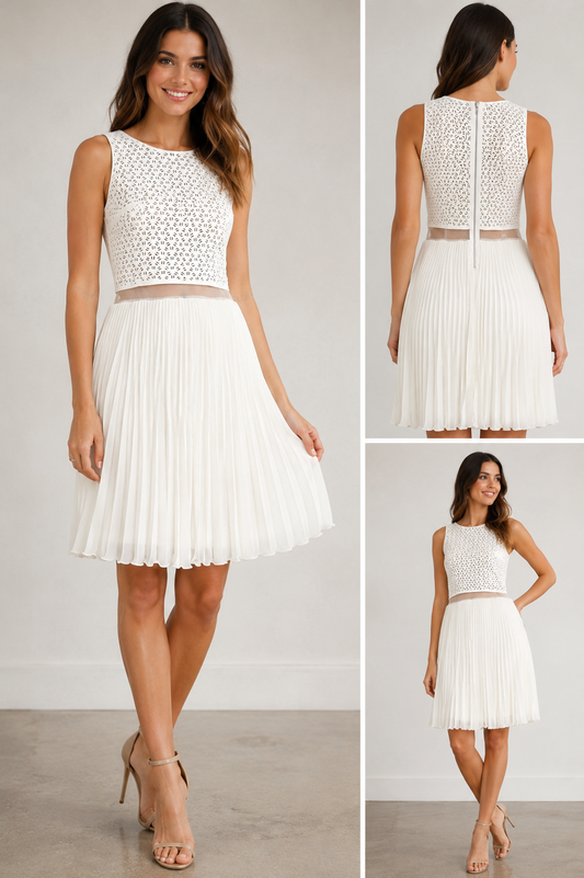 Bailey 44 Ivory Laser Cut Pleated Midi Dress Medium Made in USA