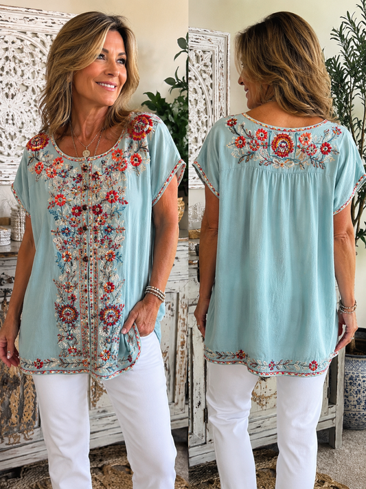 Johnny Was Aqua Embroidered Linen Tunic | Resort Luxury with Zero Effort