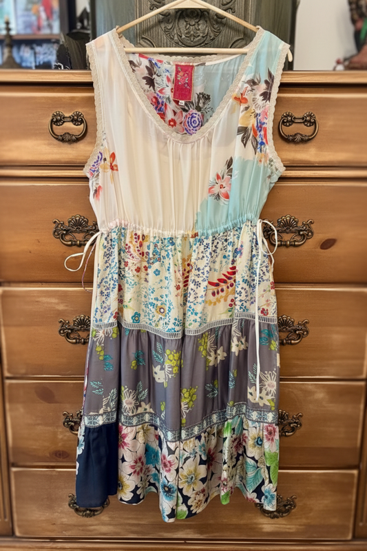 Johnny Was 100% Silk Tiered Mixed Print Midi Dress with Tank Slip XL