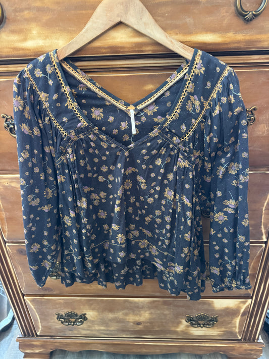 Free People Black Floral Boho Peasant Blouse XS 100% Cotton