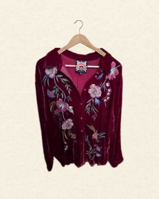 Johnny Was Embroidered Velvet Blouse Burgundy Floral Boho 2X